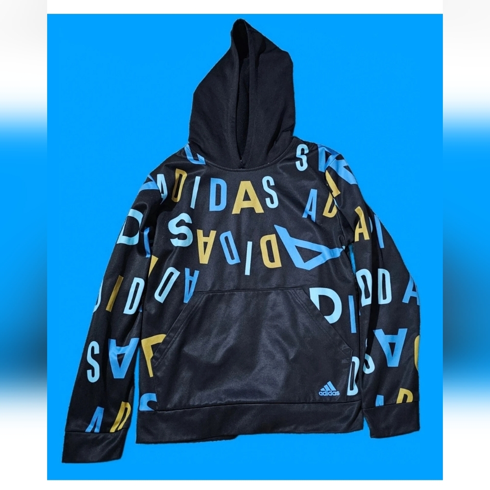 Adidas Youth XL 18/20 Climalite Hoodie, Black with White Blue and Yellow Letters